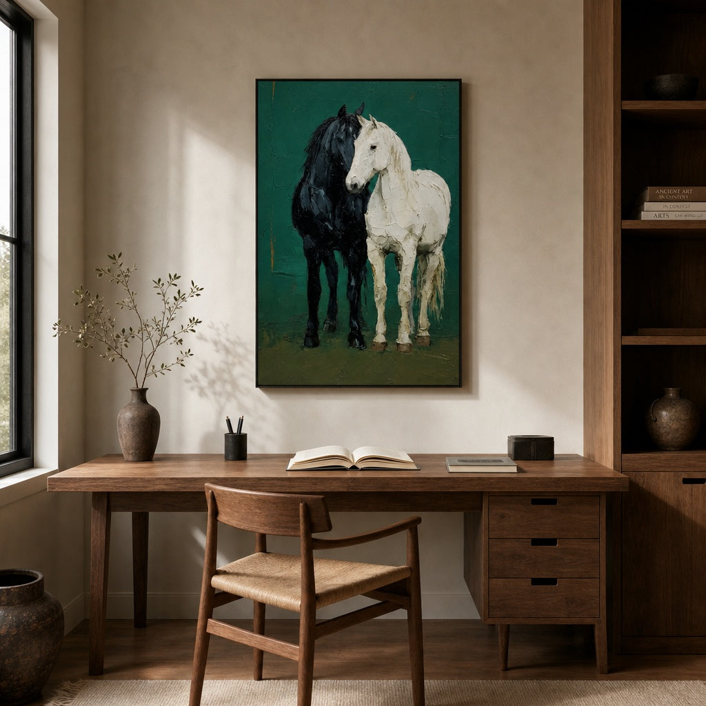 Black and White Horse Couple Textured Painting