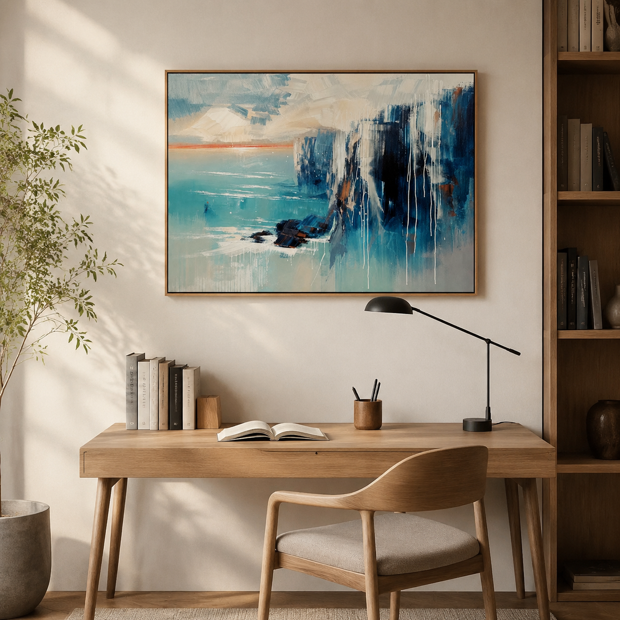 Azure Coastal Cliffs – Blue Abstract Seascape Painting