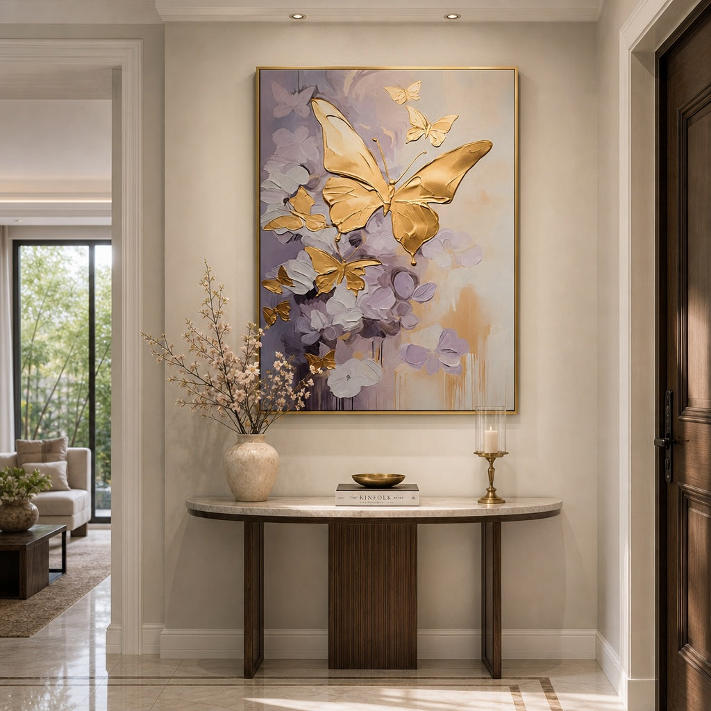 Golden Butterfly Floral Abstract Painting
