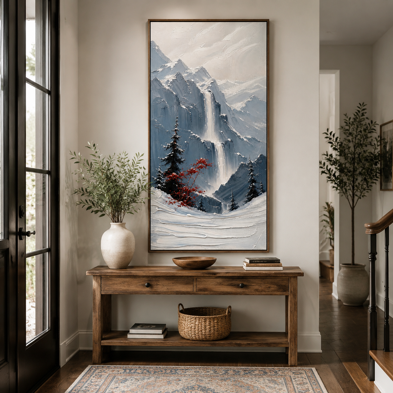 Crimson Alpine Falls – Textured Winter Mountain Waterfall Painting