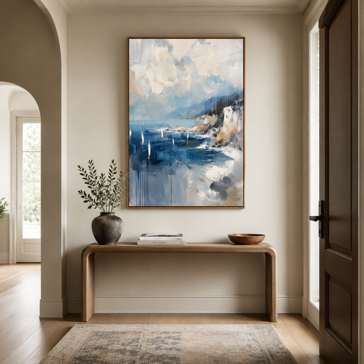 Blue Coastal Harbor – Abstract Sailboat Seascape Painting