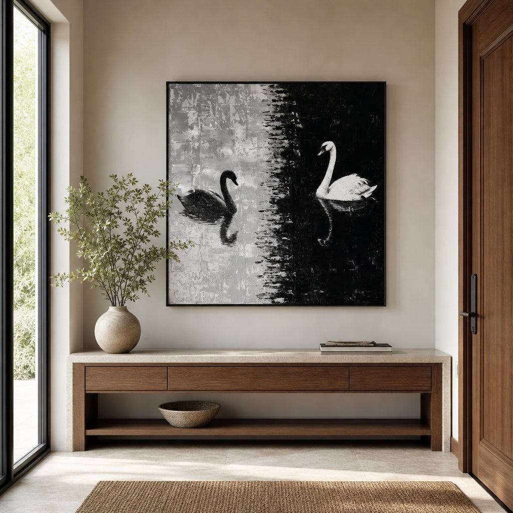 Black and White Swan Lake Painting