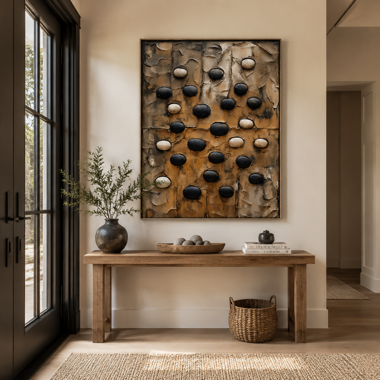 Earthen Pebble Rhythm – Black and Beige Textured Abstract PaintingEarthen Pebble Rhythm – Black and Beige Textured Abstract Painting
