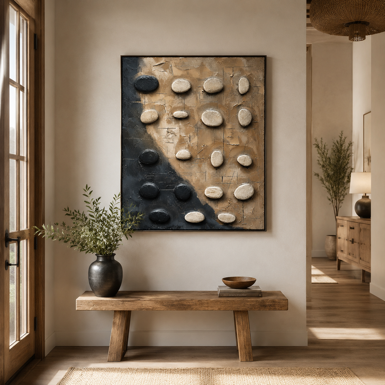 Zen Stone Balance – Black and Beige Textured Abstract Painting