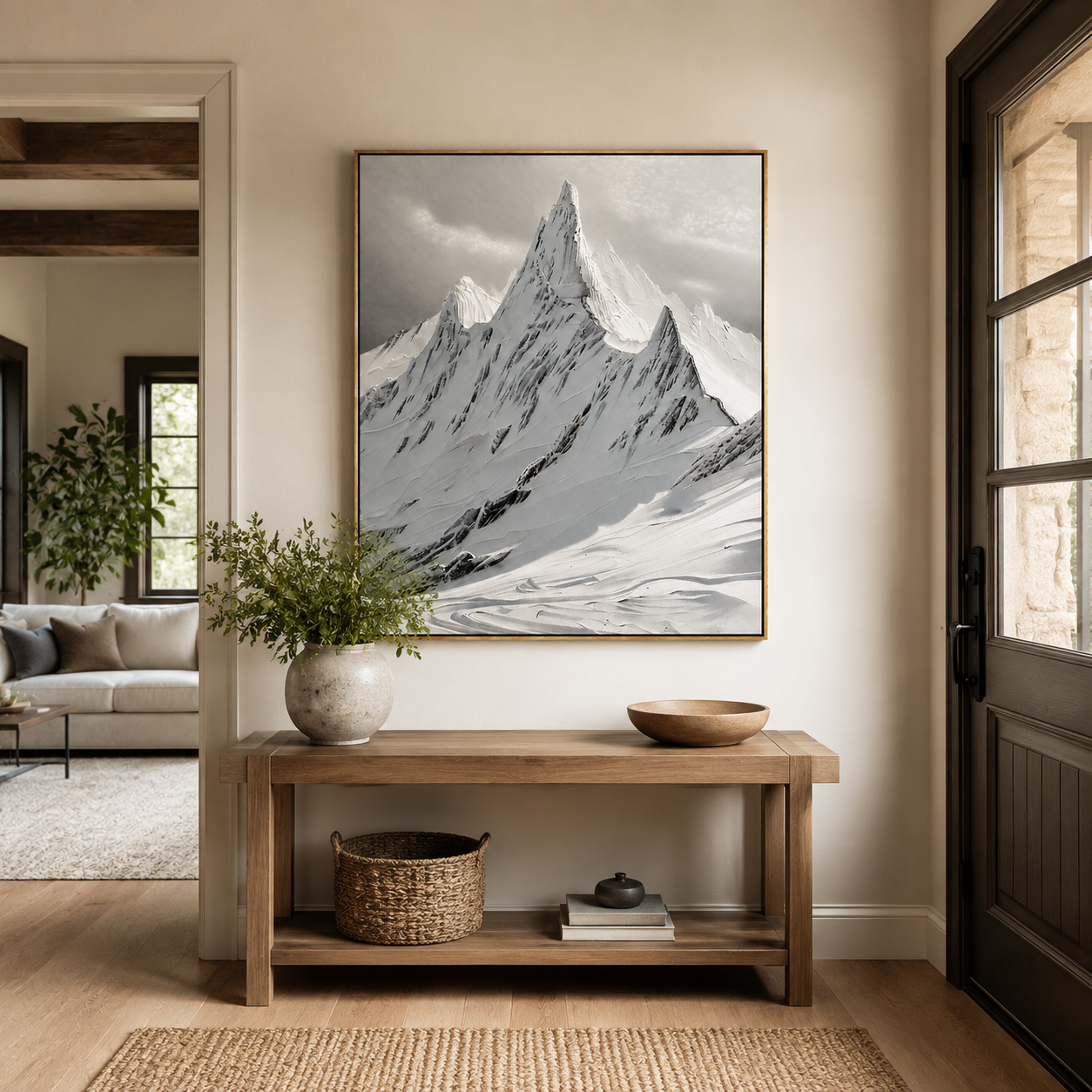 Monochrome Alpine Peak – Black and White Textured Mountain Painting