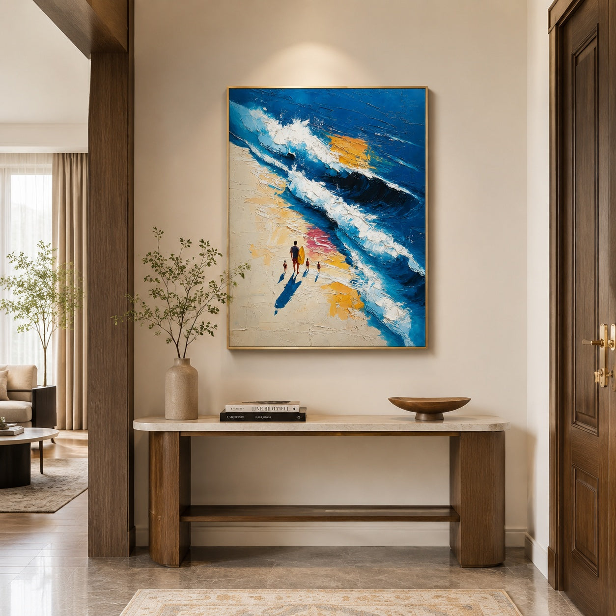 Surfside Family Walk – Blue Textured Ocean Beach Painting