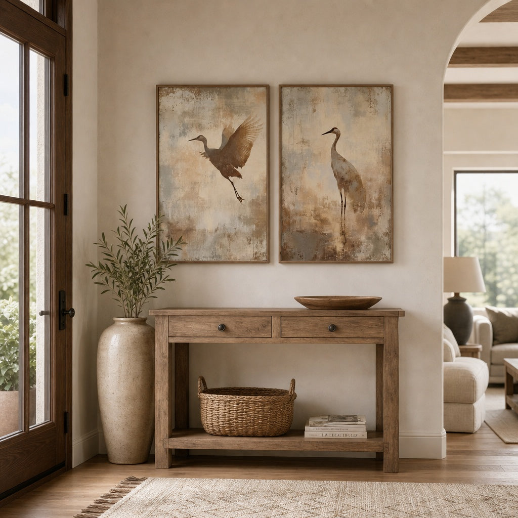 Flying Cranes Vintage Nature Painting
