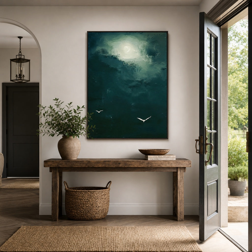 Moonlight Ocean Birds Abstract Painting