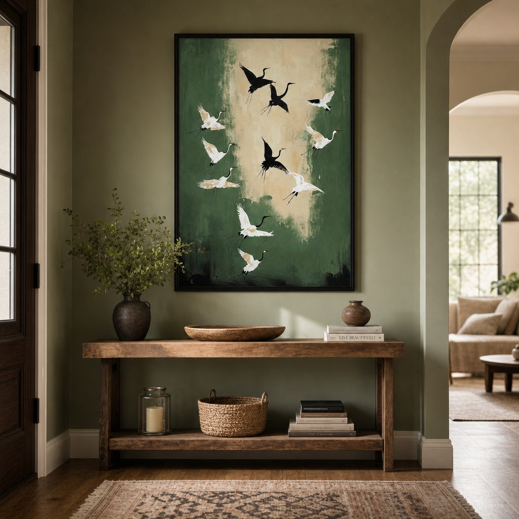 Flying Cranes Green Nature Painting