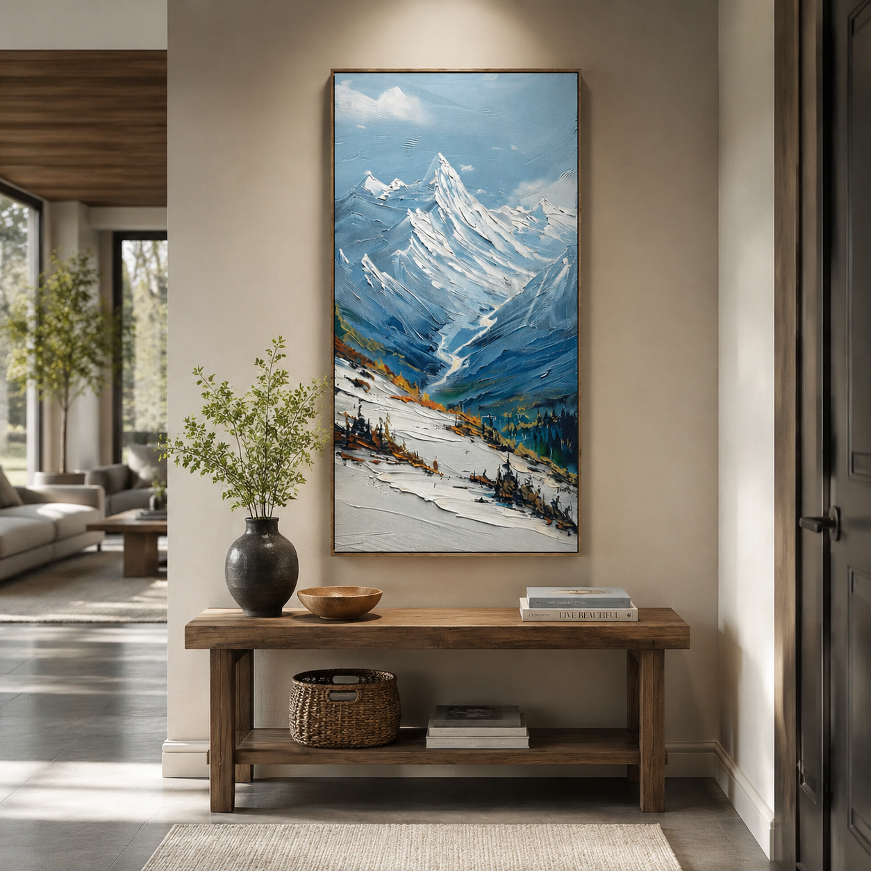 Snowy Alpine Valley – Blue Textured Mountain Landscape Painting