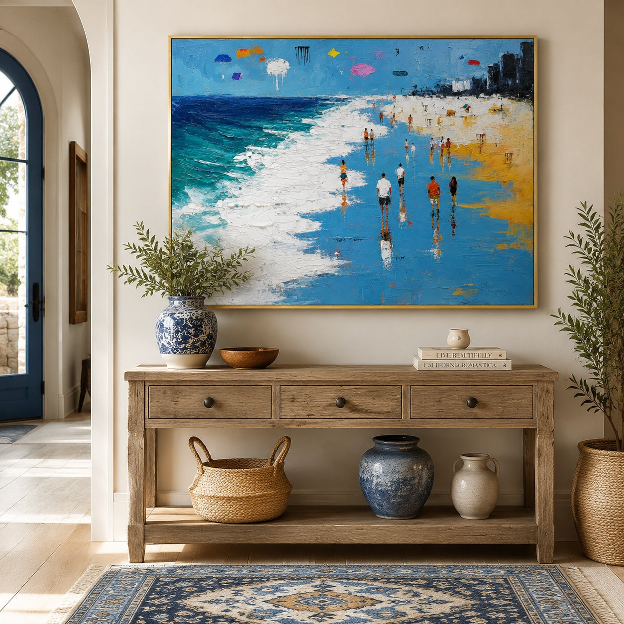 Sunny Beach Walk – Blue Textured Coastal Seascape Painting
