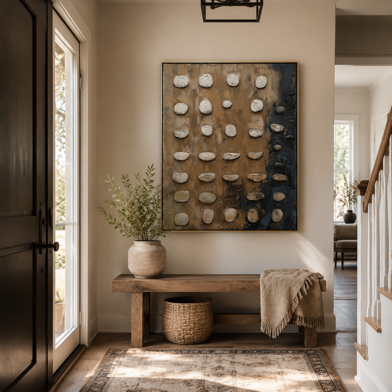 Stone Grid Harmony – Beige and Charcoal Textured Abstract Painting