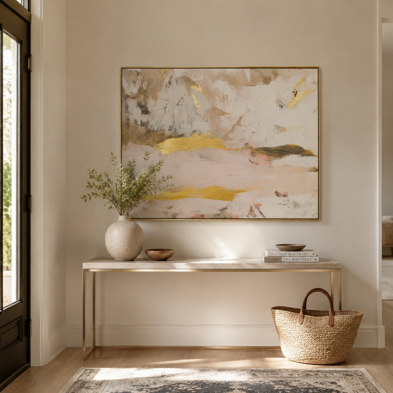 Golden Mist Harmony – Neutral Gold Abstract Textured Painting