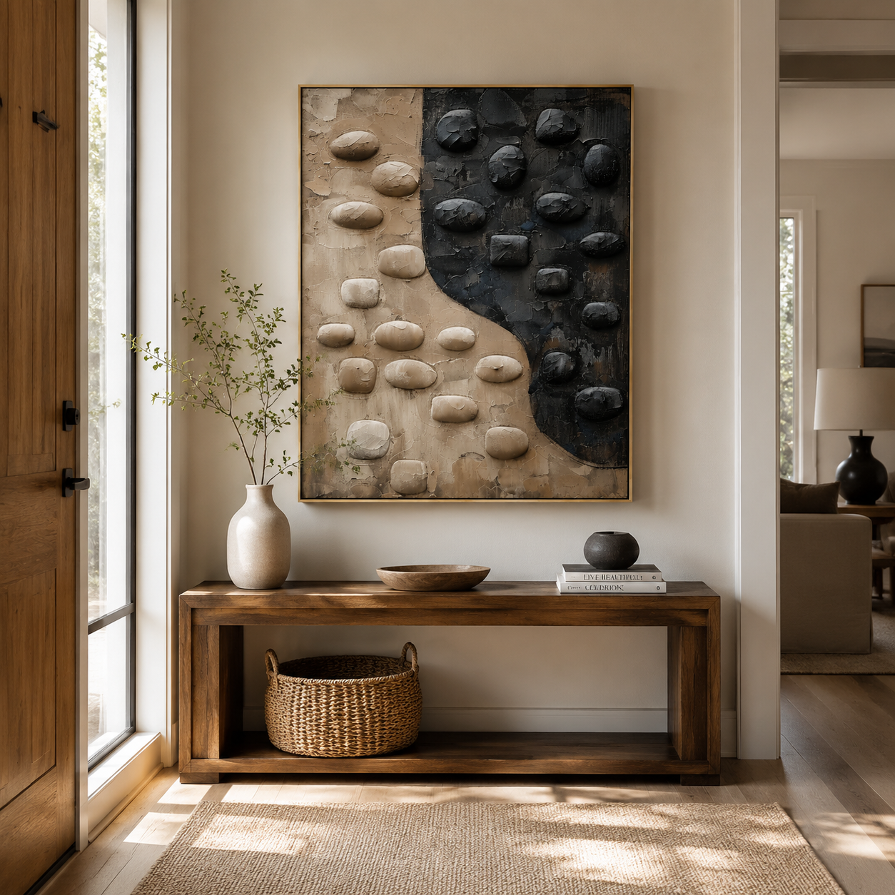 Yin Yang Stone Balance – Black and Beige Textured Abstract Painting