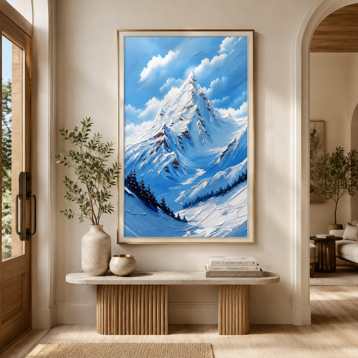Crimson Summit – Blue Textured Snow Mountain Painting
