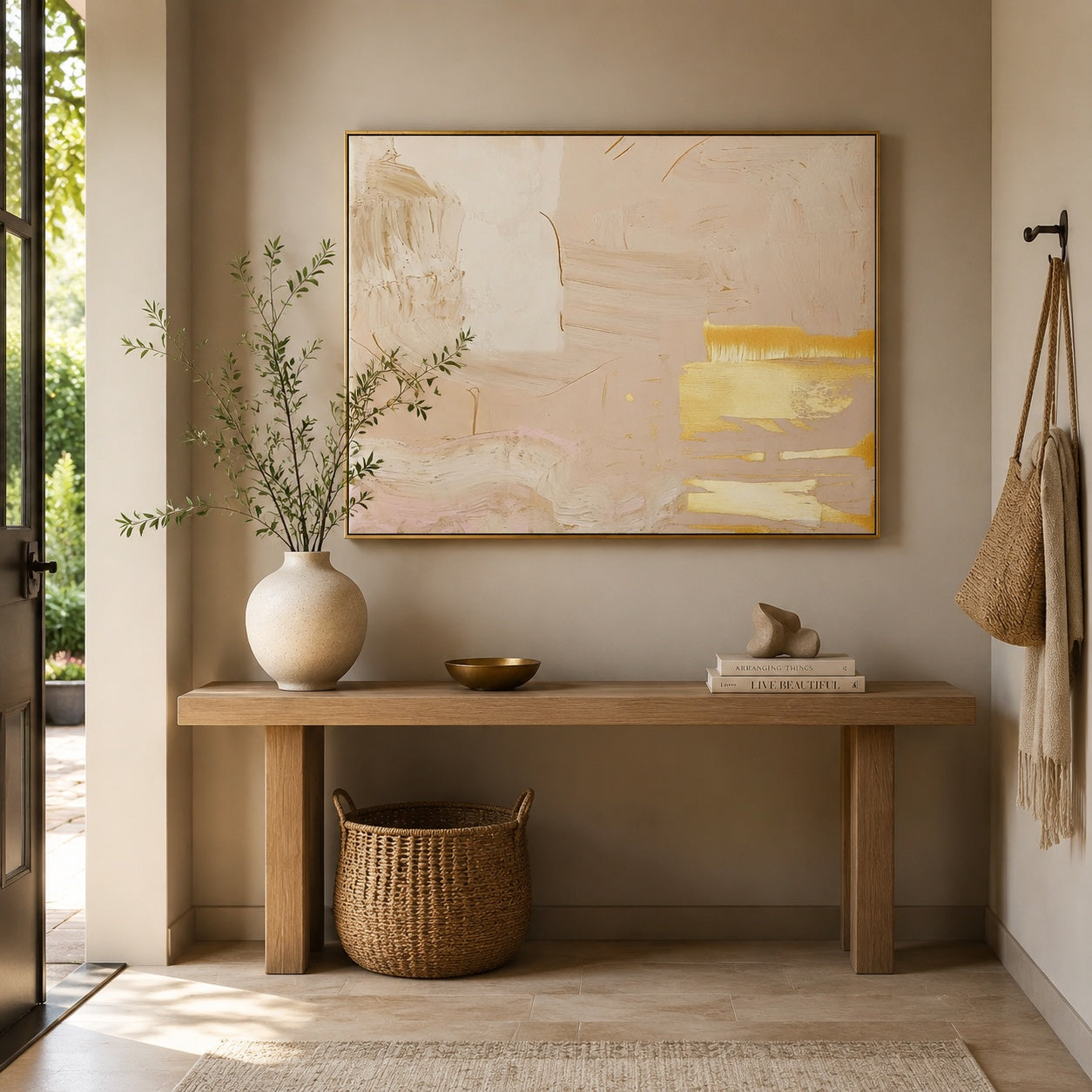 Golden Blush Harmony – Neutral Pink and Gold Abstract Painting