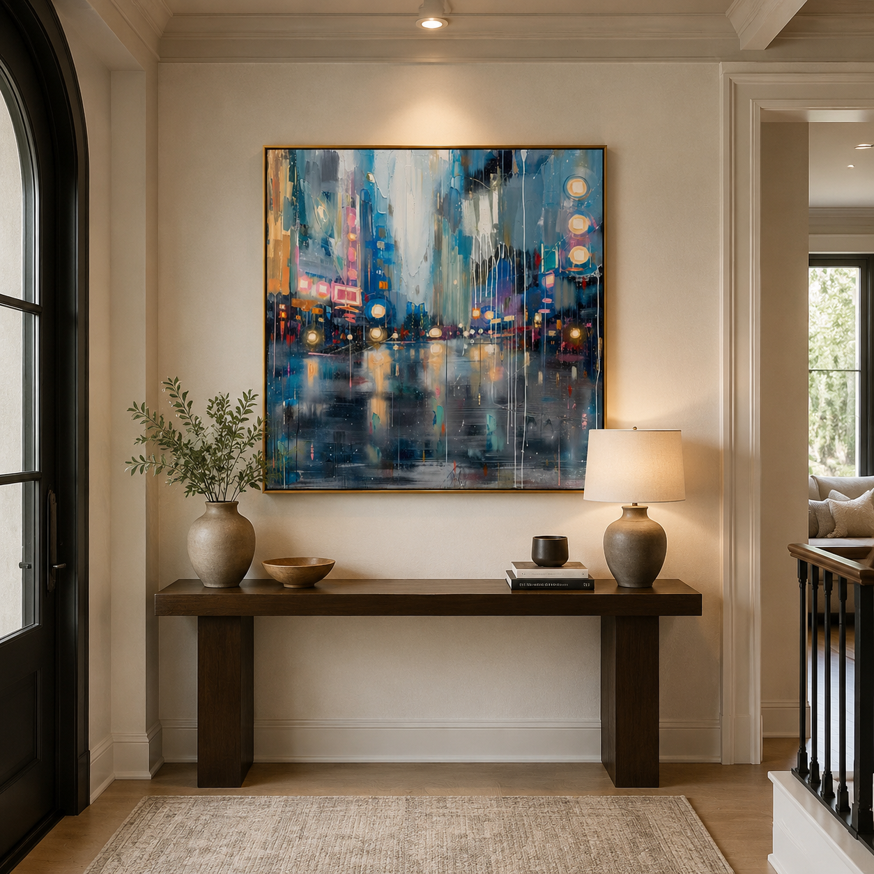 Neon City Reflections – Blue Abstract Cityscape Painting