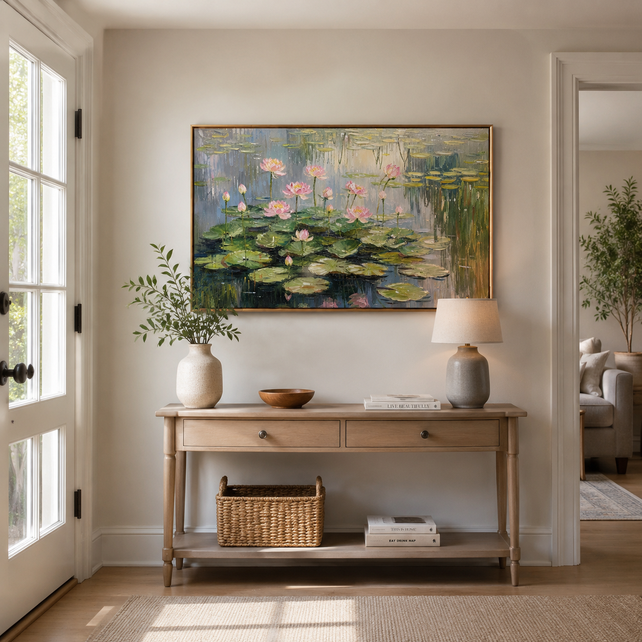 Pink Lotus Reflections – Impressionist Pond Landscape Painting