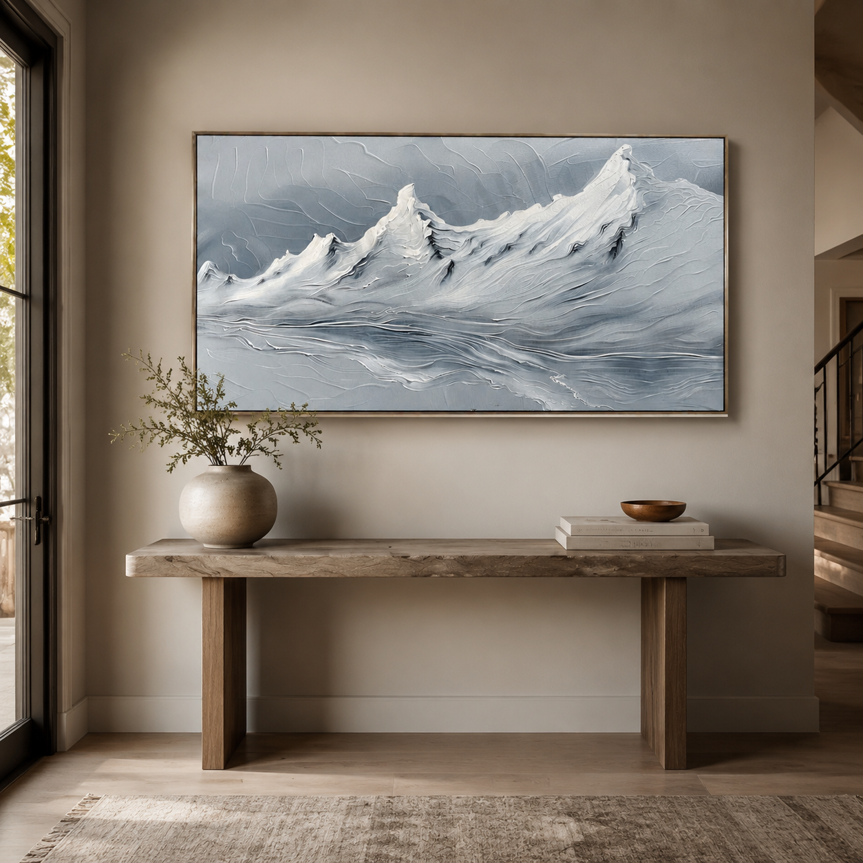 Silver Alpine Reflection – Textured Blue Mountain Landscape Painting
