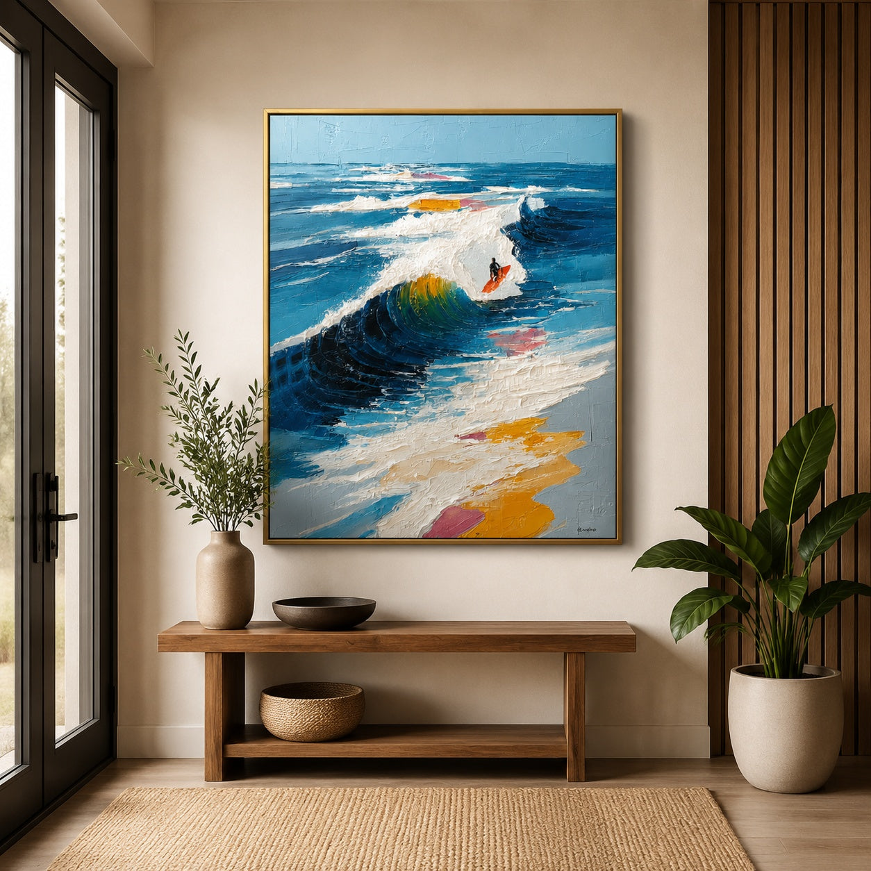 Surfing the Blue Break – Textured Ocean Wave Painting