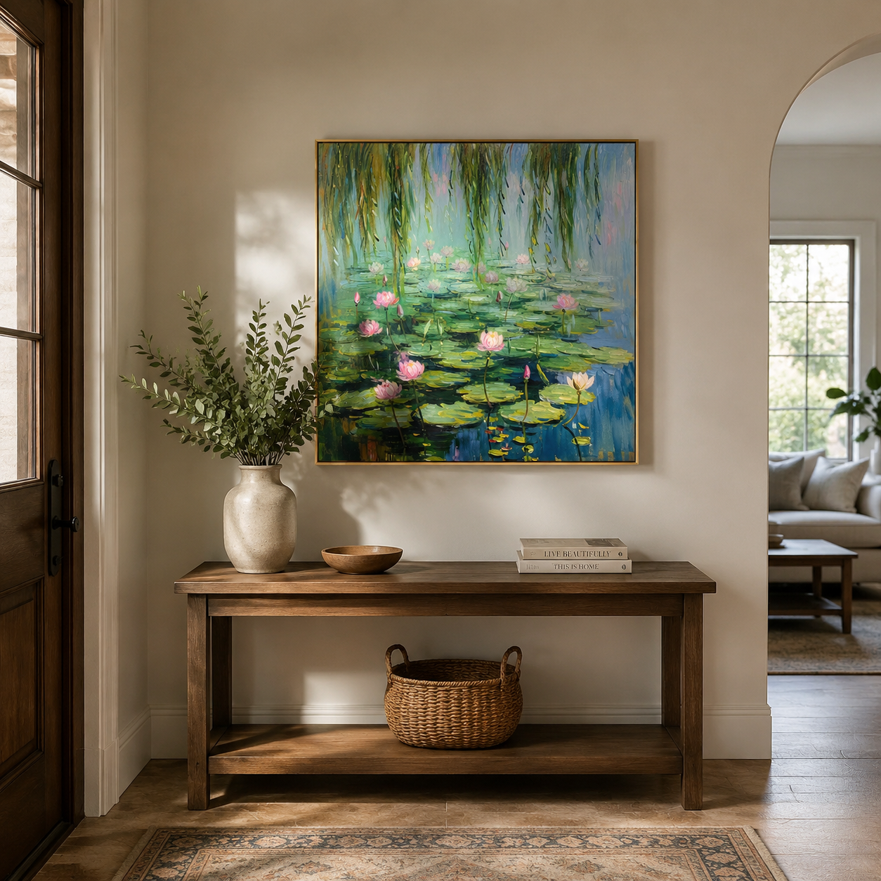 Willow Lotus Pond – Pink Impressionist Floral Landscape Painting
