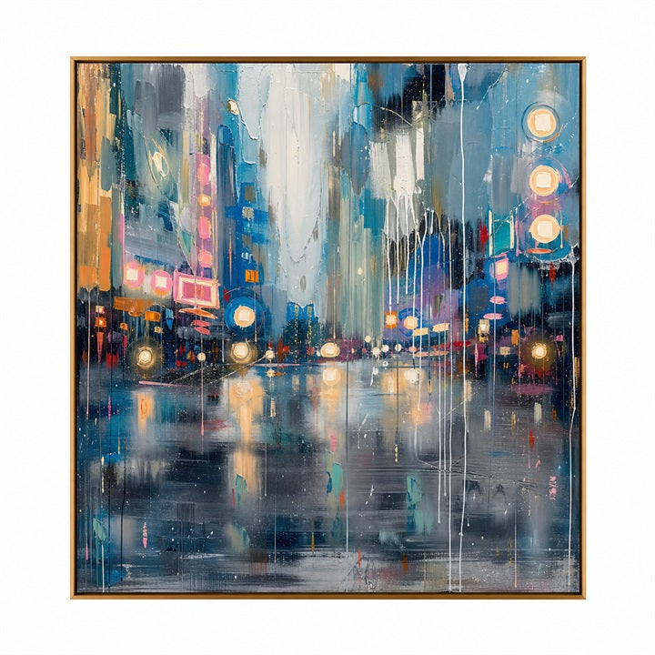 Neon City Reflections – Blue Abstract Cityscape Painting
