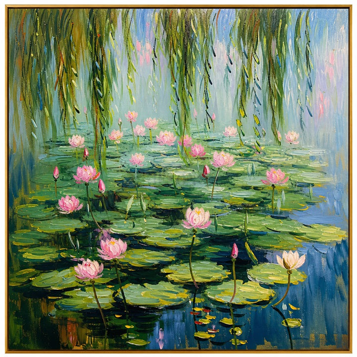 Willow Lotus Pond – Pink Impressionist Floral Landscape Painting