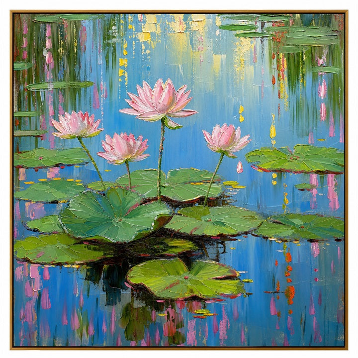 Pink Lotus on Blue Water – Impressionist Floral Pond Painting