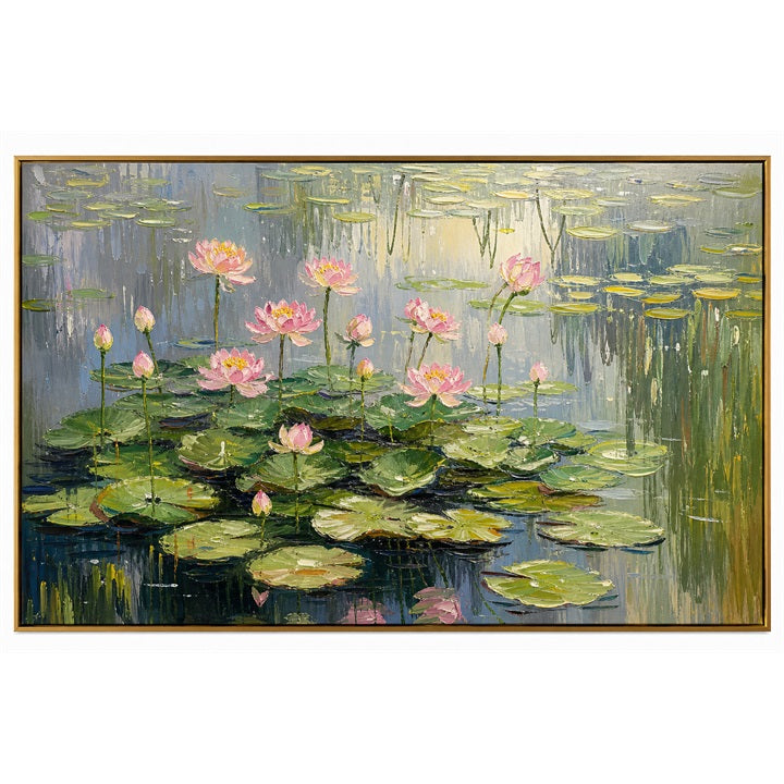 Pink Lotus Reflections – Impressionist Pond Landscape Painting