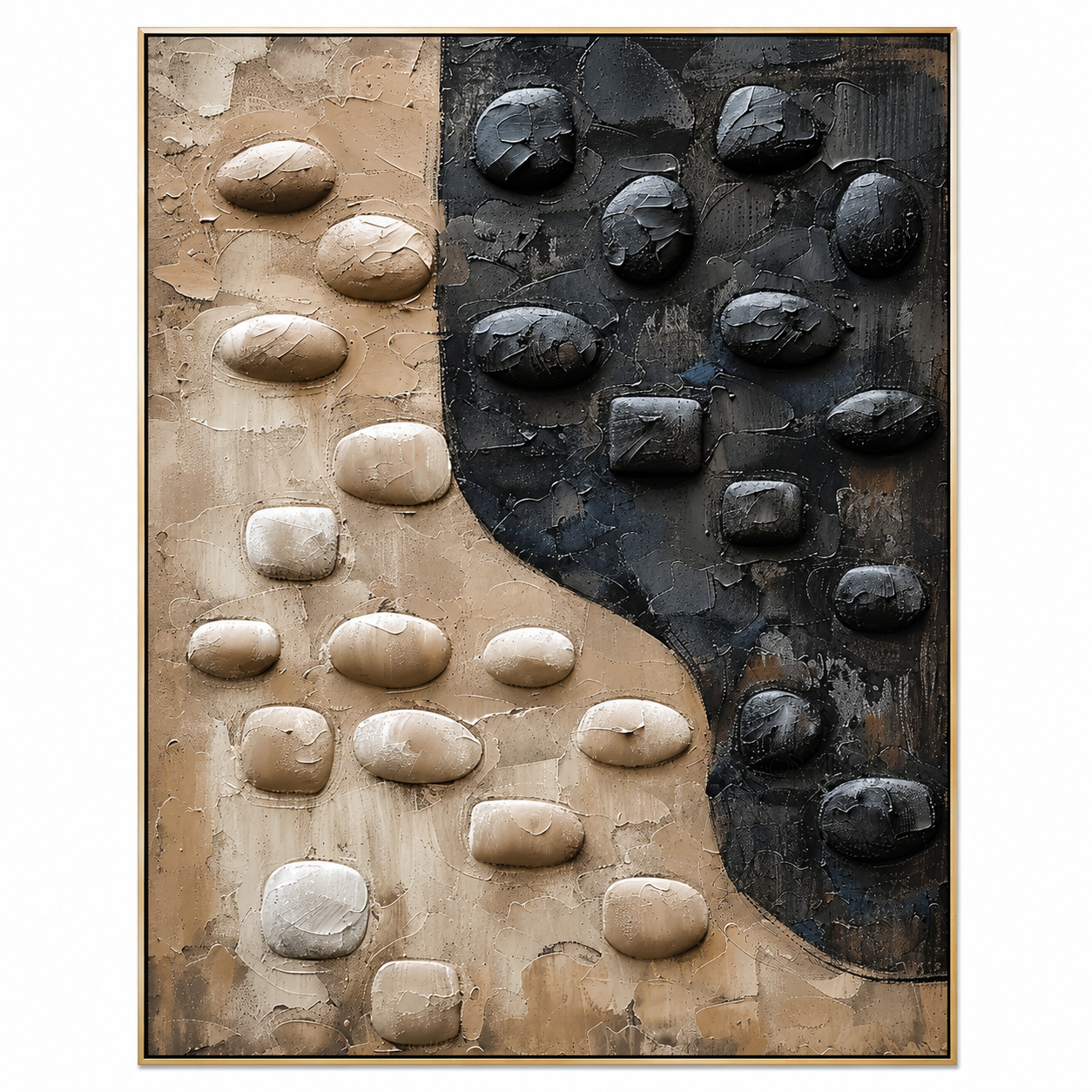 Yin Yang Stone Balance – Black and Beige Textured Abstract Painting
