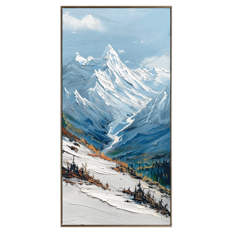 Snowy Alpine Valley – Blue Textured Mountain Landscape Painting