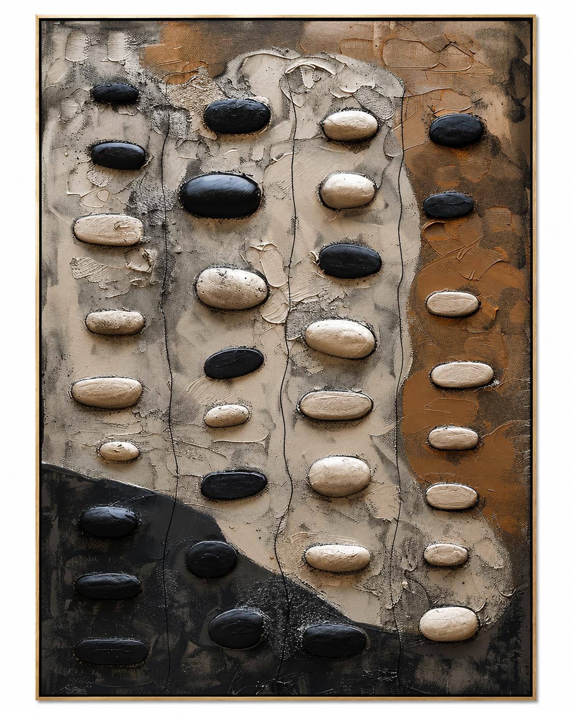 River Stone Path – Black and Beige Textured Abstract Painting