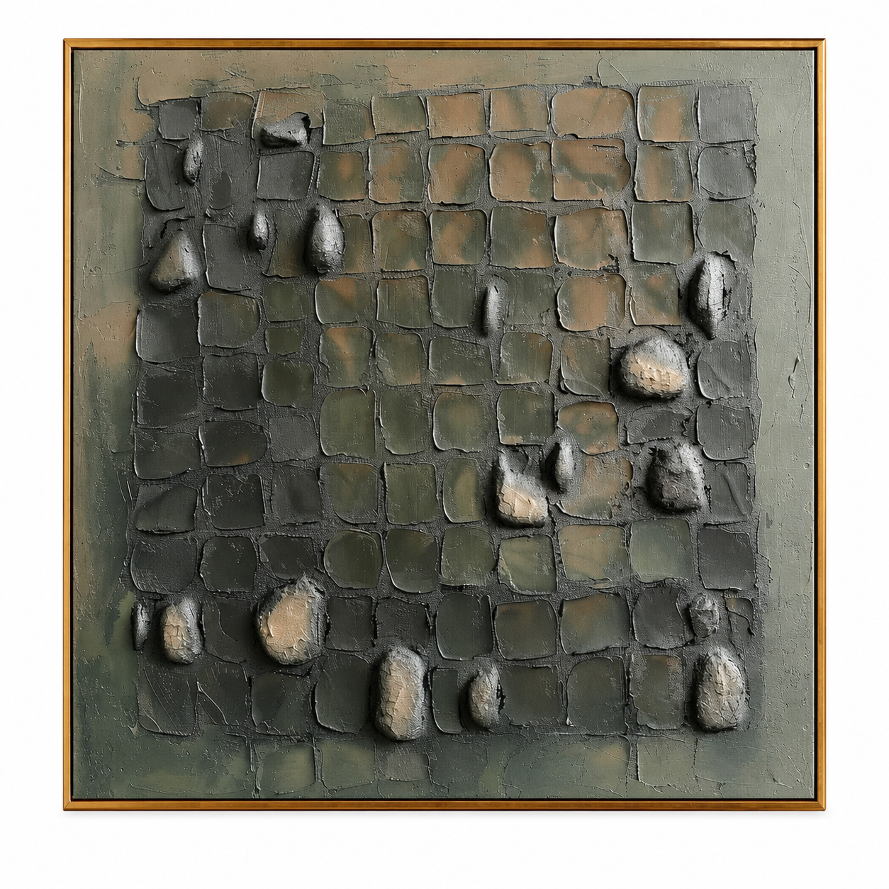 Weathered Stone Grid – Olive Gray Textured Abstract Painting