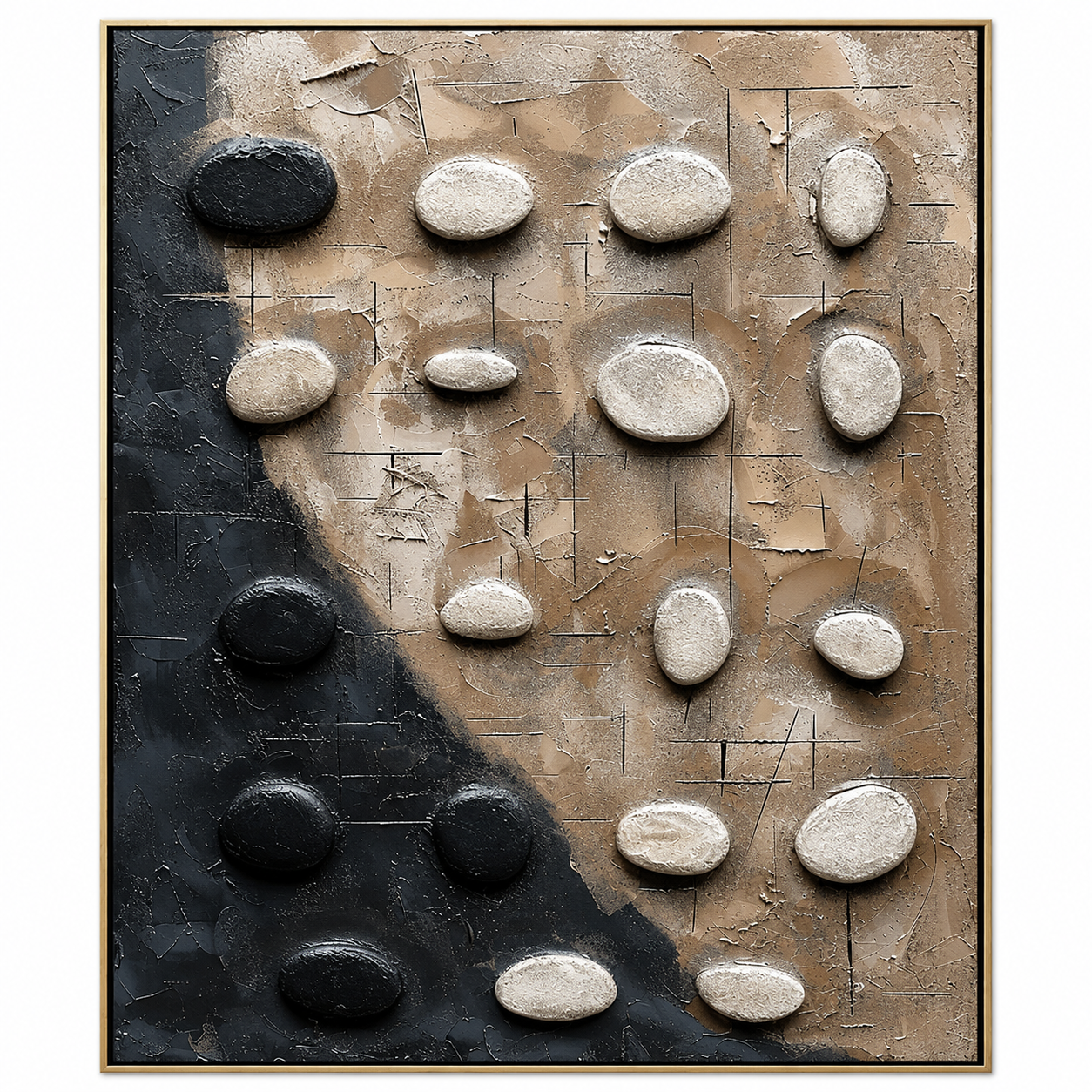 Zen Stone Balance – Black and Beige Textured Abstract Painting