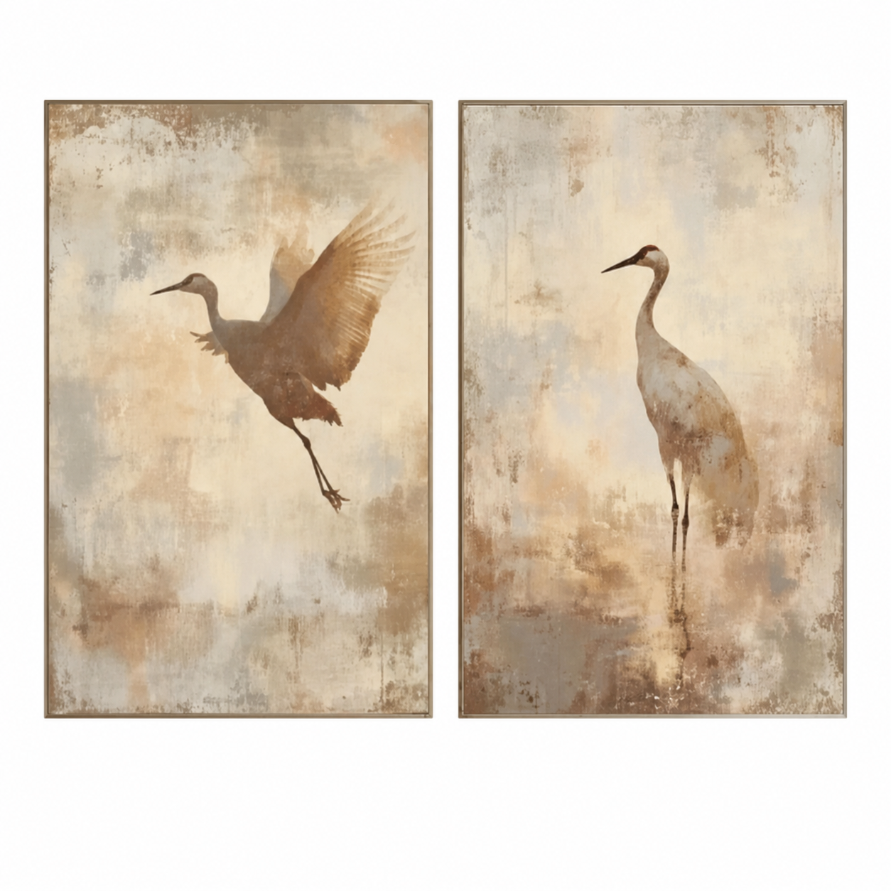 Flying Cranes Vintage Nature Painting