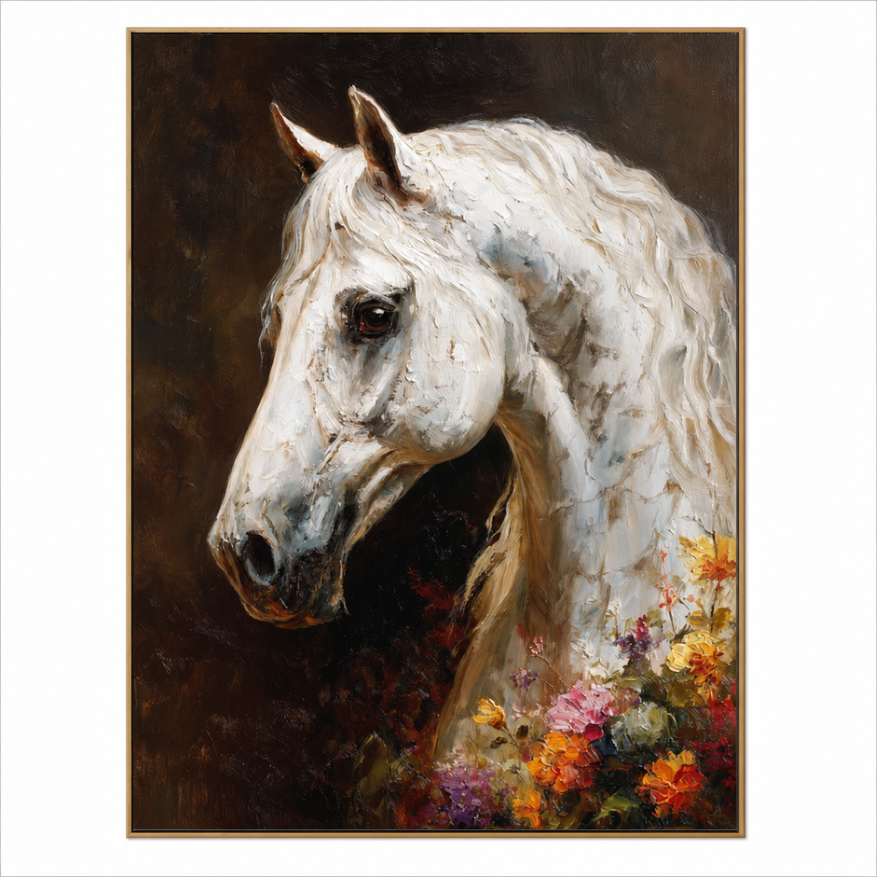 White Horse Floral Portrait Painting