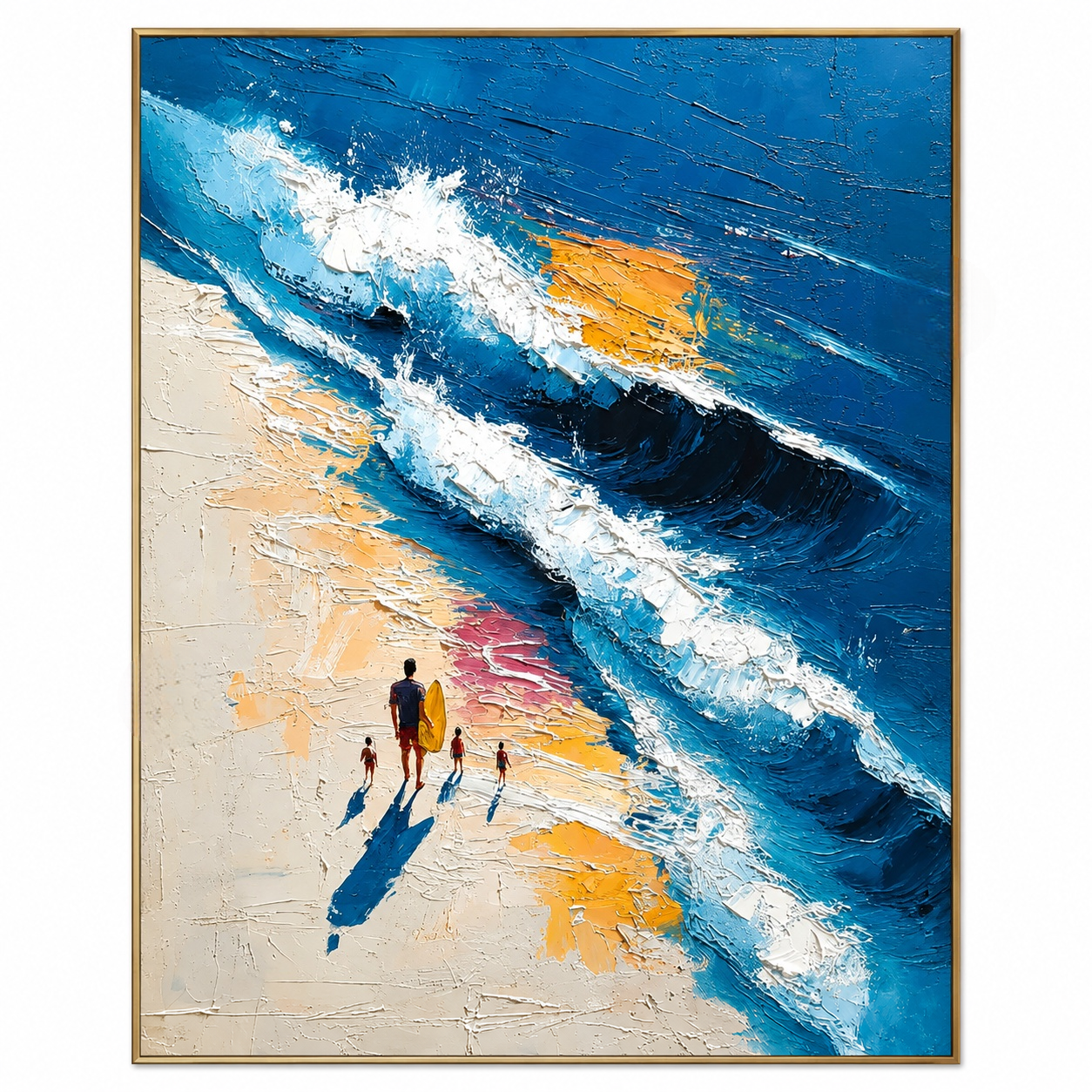 Surfside Family Walk – Blue Textured Ocean Beach Painting